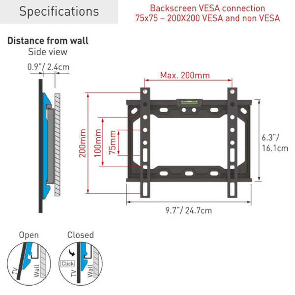 BARKAN 13"-43" FIXED TV WALL MOUNT BLACK MAX 40KG | BAR-E202+ - Image 