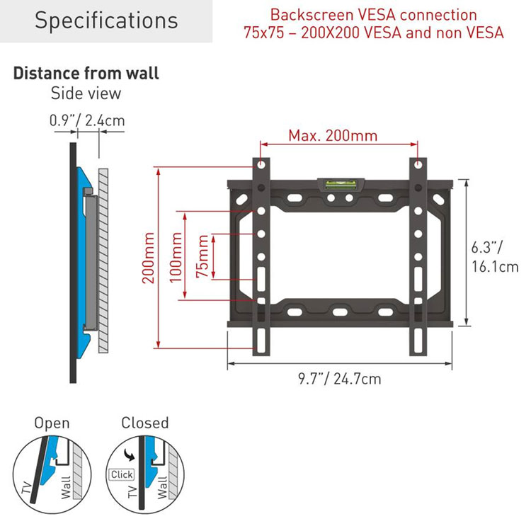 Barkan BAR-E202+ VESA dimensions and technical specifications diagram.