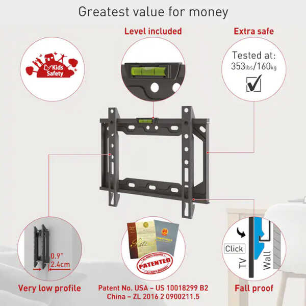 BARKAN 13"-43" FIXED TV WALL MOUNT BLACK MAX 40KG | BAR-E202+ - Image 
