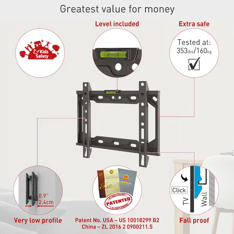 Barkan wall mount features: level included and fall proof.