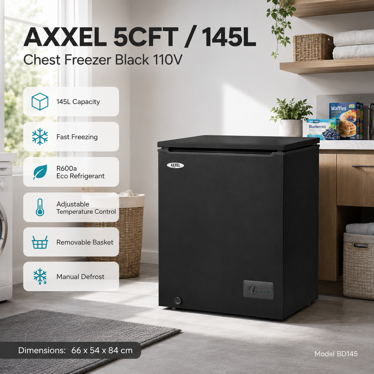 Axxel 145L black chest freezer lifestyle features