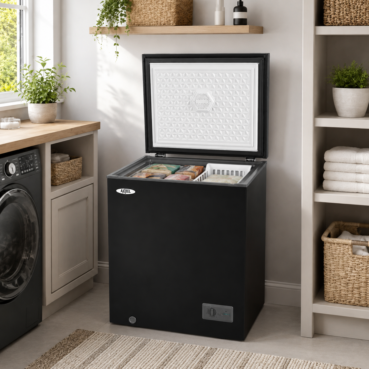 Axxel black chest freezer in laundry room