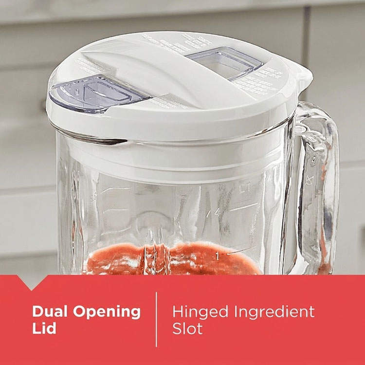 Close up of blender lid and pour spout.