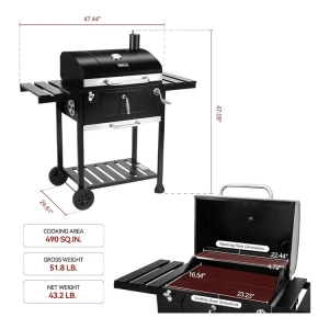 ROYAL GOURMET 24" CHARCOAL GRILL W/ FOLDING SIDE TABLES IN BLACK | CD1824EN - Image 