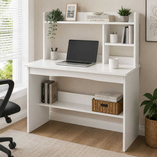 WHITE COMPUTER DESK WITH STORAGE HUTCH 100X50X120CM | DNZ008818 - Image 