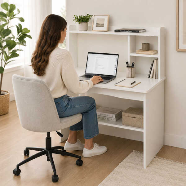 WHITE COMPUTER DESK WITH STORAGE HUTCH 100X50X120CM | DNZ008818 - Image 
