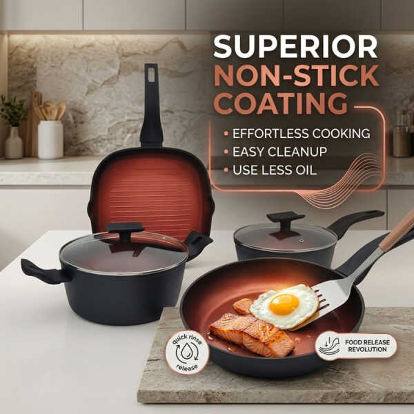 8PCS FORGED ALUMINUM COOKWARE SET BLACK (1X STOCKPOT W/ LID/ 1X SAUCE POT W/LID 1X SAUCEPAN W/LID / 1X GRILL PAN / 1X SKILLET | EP-8PCS-035 - Image 