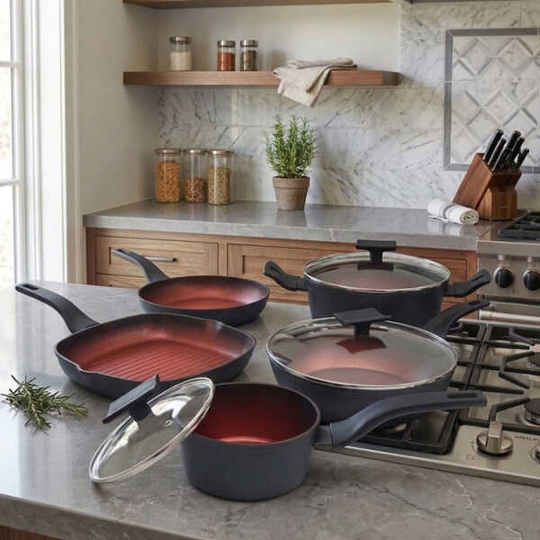 8PCS FORGED ALUMINUM COOKWARE SET BLACK (1X STOCKPOT W/ LID/ 1X SAUCE POT W/LID 1X SAUCEPAN W/LID / 1X GRILL PAN / 1X SKILLET | EP-8PCS-035 - Image 