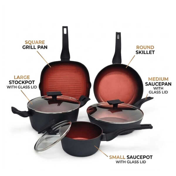 8PCS FORGED ALUMINUM COOKWARE SET BLACK (1X STOCKPOT W/ LID/ 1X SAUCE POT W/LID 1X SAUCEPAN W/LID / 1X GRILL PAN / 1X SKILLET | EP-8PCS-035 - Image 
