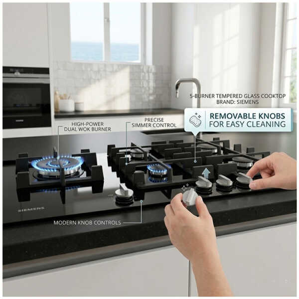 SIEMENS Q500 5 BURNERS GAS COOKTOP 90 CM TEMPERED GLASS BLACK | EP9A6MI40NI - Image 