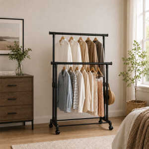 DOUBLE ROD METAL CLOTHING RACK WITH WHEELS 60X35X130CM | FSK10733 - Image 