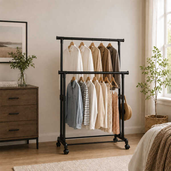 DOUBLE ROD METAL CLOTHING RACK WITH WHEELS 60X35X130CM | FSK10733 - Image 