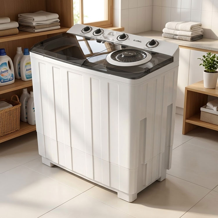 Global GB12KG twin tub washing machine in laundry.