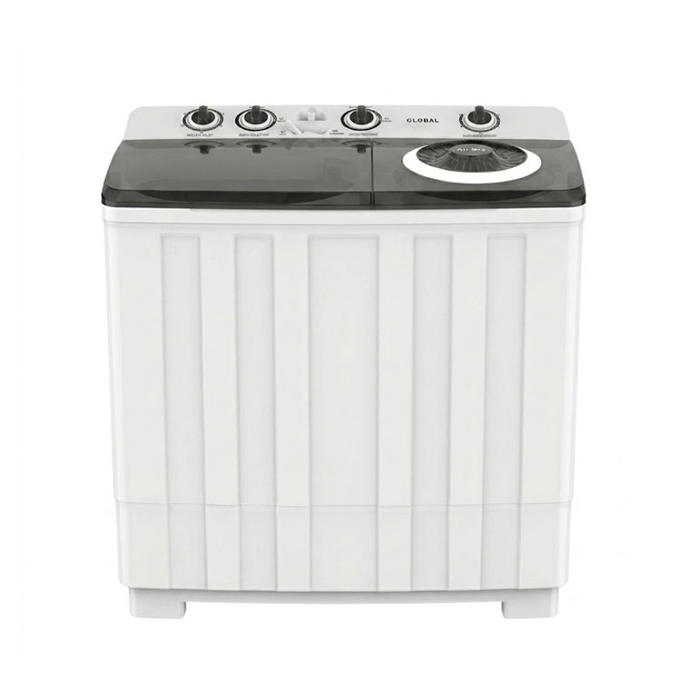 Global 12kg white semi-automatic twin tub washing machine.