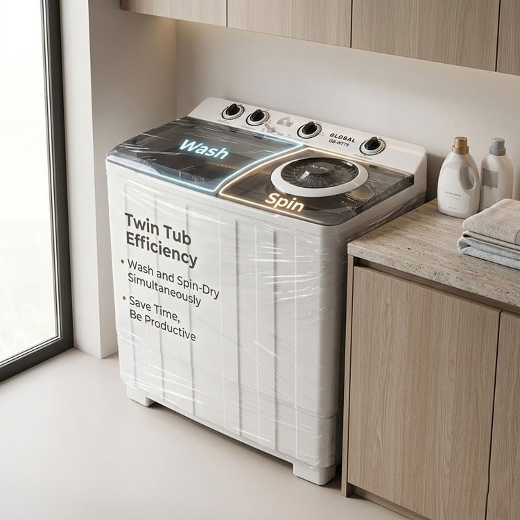Global semi-automatic washer with twin tub efficiency feature.