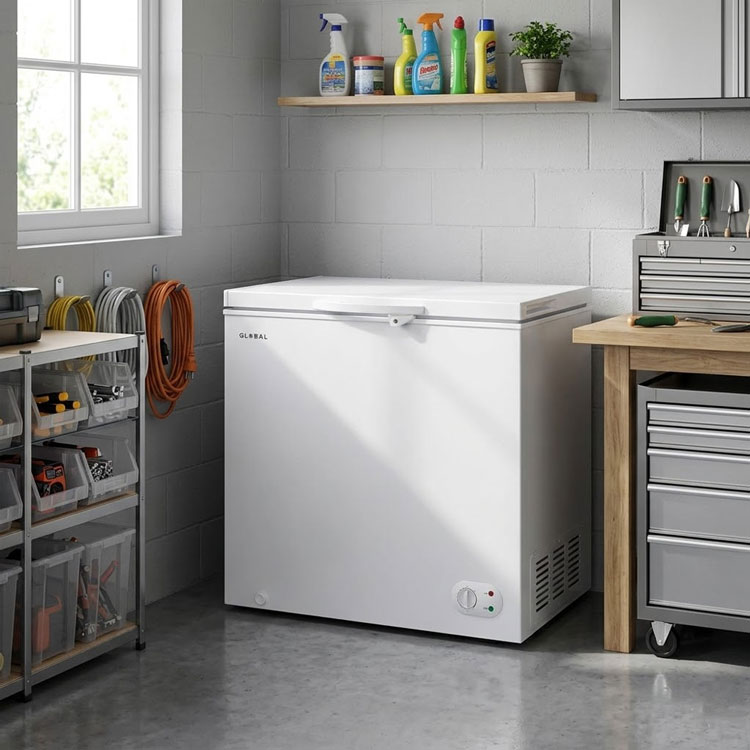 Global 7 CFT chest freezer in tidy storage room