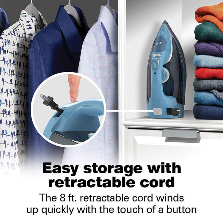 Retractable cord button on a clothes iron