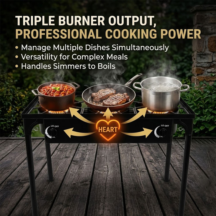 Three burner outdoor stove cooking multiple meals simultaneously