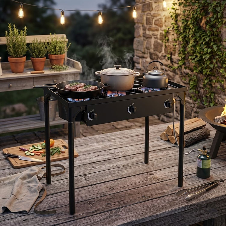 Black three burner gas stove on wooden deck
