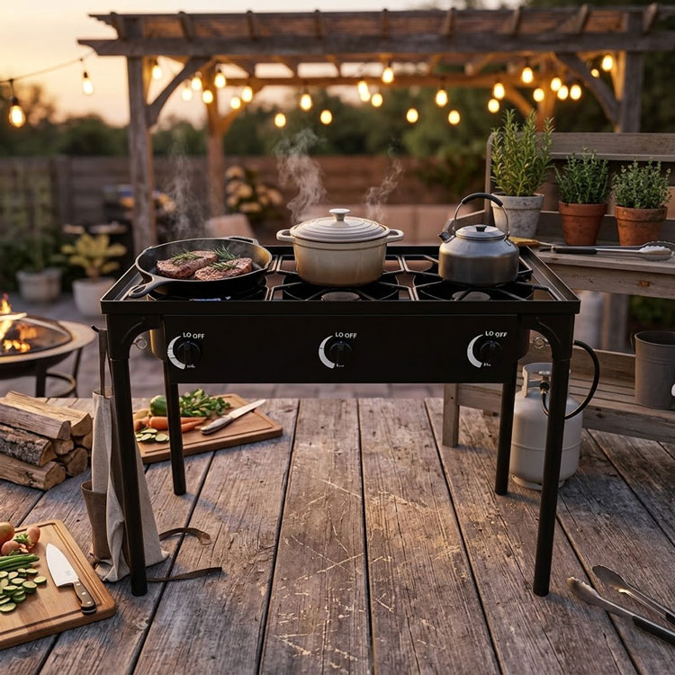 Portable outdoor stove setup for backyard garden grilling