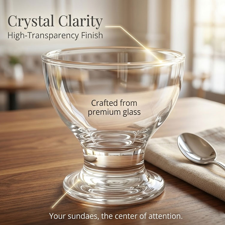 Clear glass ice cream cup on wooden table