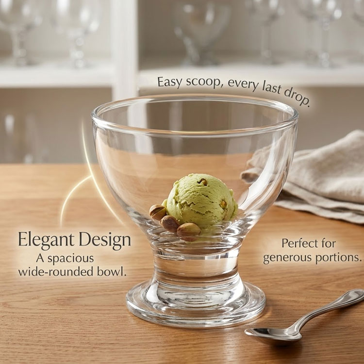 Wide glass dessert bowl with pistachio ice cream