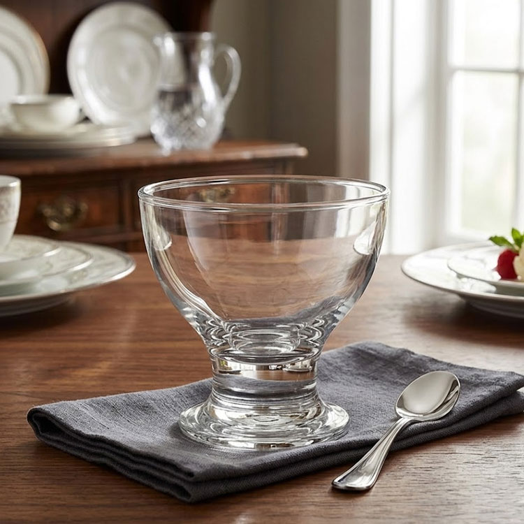 Footed glass ice cream cup in dining setting