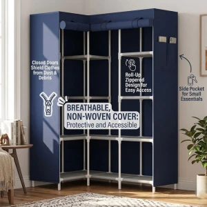 L-SHAPED CORNER WARDROBE W/ ROLL-UP ZIPPER DOORS ASSORTED COLORS  | KB-33888 - Image 
