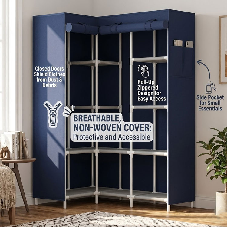 Navy blue breathable non-woven cover corner wardrobe features