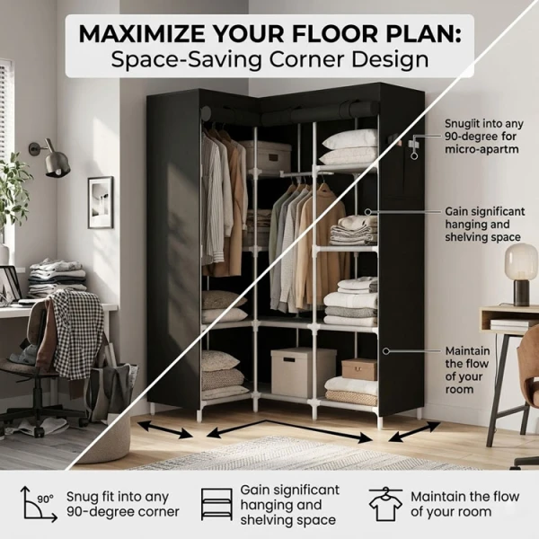 L-SHAPED CORNER WARDROBE W/ ROLL-UP ZIPPER DOORS ASSORTED COLORS  | KB-33888 - Image 