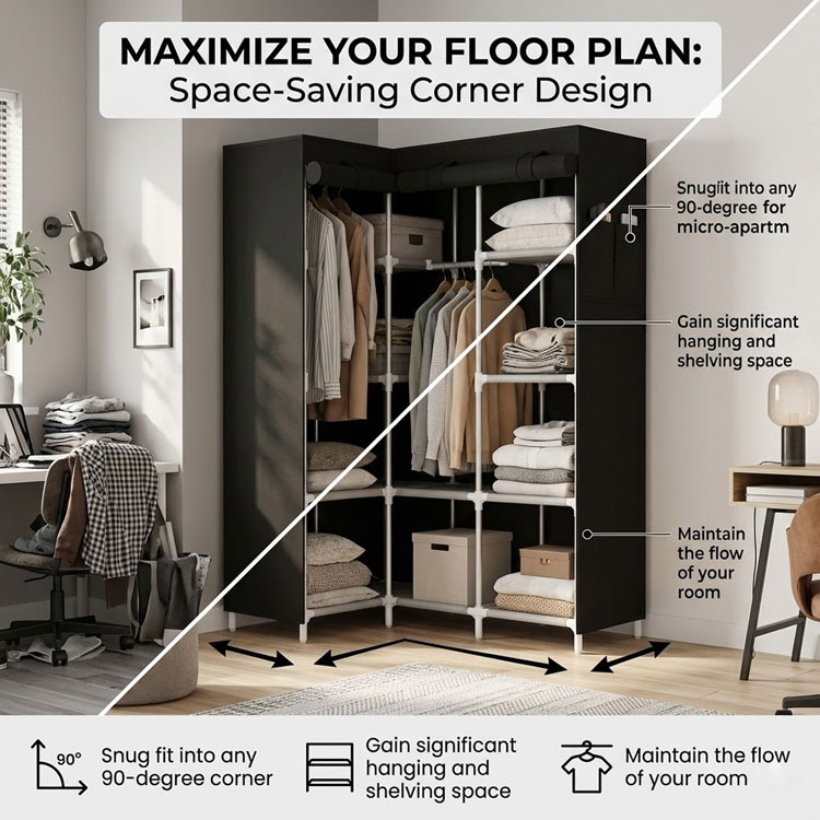 Black L-shaped corner wardrobe space saving storage infographic