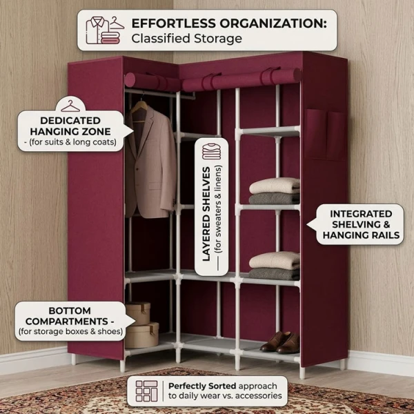 L-SHAPED CORNER WARDROBE W/ ROLL-UP ZIPPER DOORS ASSORTED COLORS  | KB-33888 - Image 