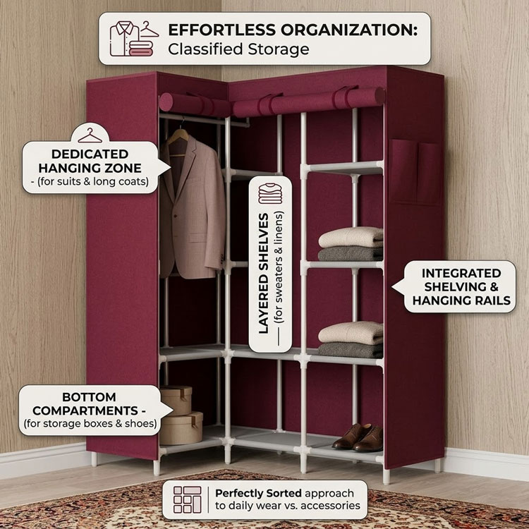 Wine red wardrobe with classified storage organization zones