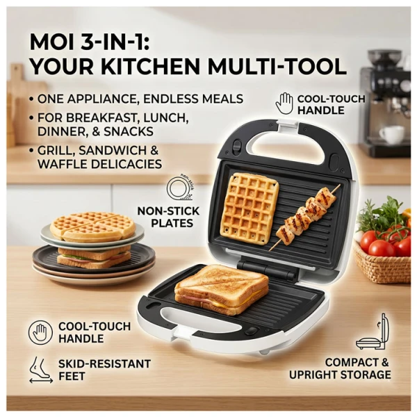 MOI 3 IN 1 GRILL, SANDWICH & WAFFLE MAKER | MSM2SL31W - Image 