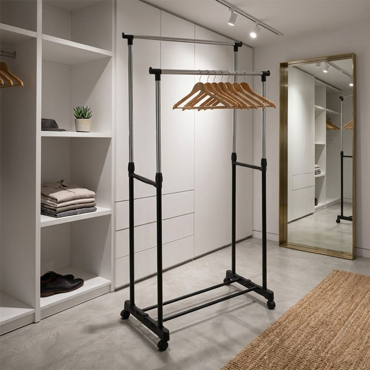 Homestar double-pole clothes rack in modern walk-in closet.