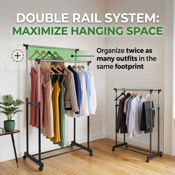HOMESTAR DOUBLE POLE CLOTHES RACK W/ WHEELS | NS350260 - Image 
