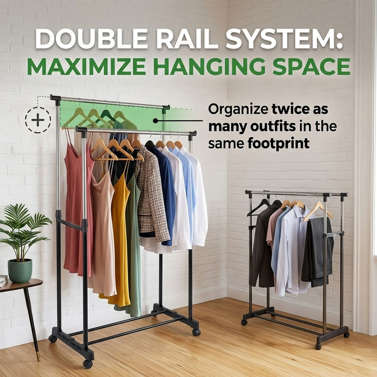 Clothes rack double rail infographic for maximized hanging.