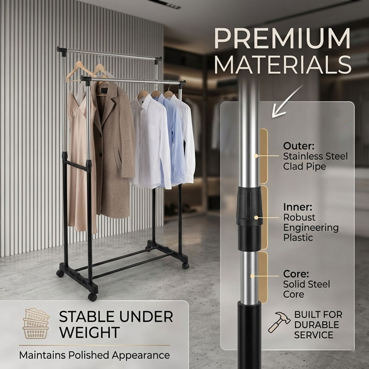 Stainless steel and engineering plastic clothes rack materials.