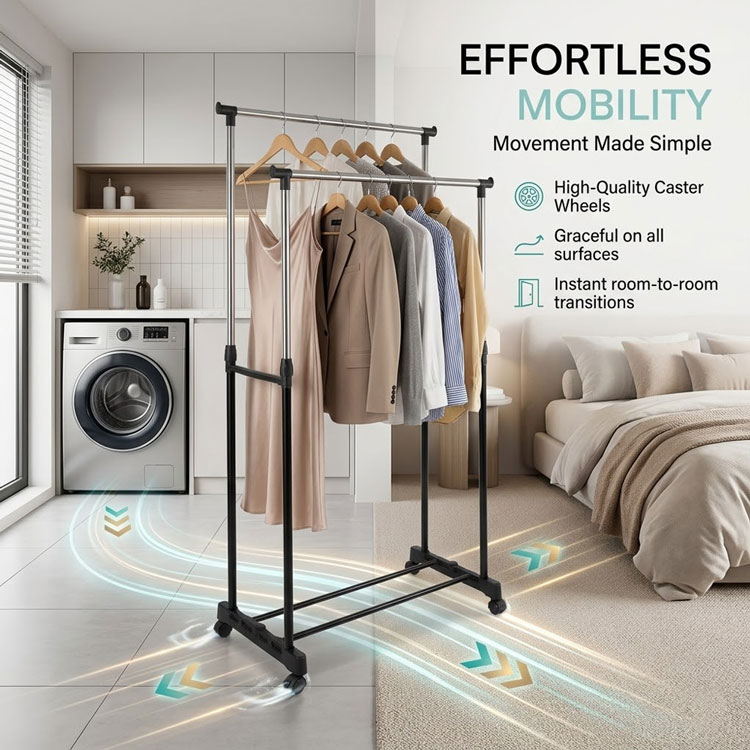 Movable clothes rack transition laundry to bedroom.