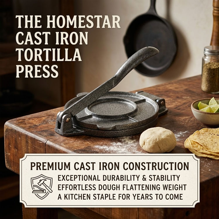 Homestar premium cast iron tortilla press on wood.