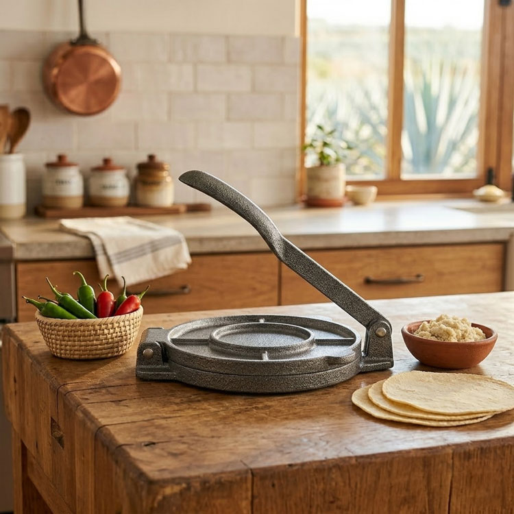 Cast iron tortilla press on a wooden kitchen counter.