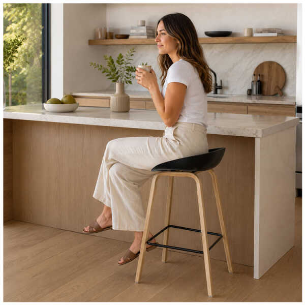PLASTIC BAR STOOL ON METAL LEGS & STYLISH WOOD-LOOK FINISH | NS367465 - Image 