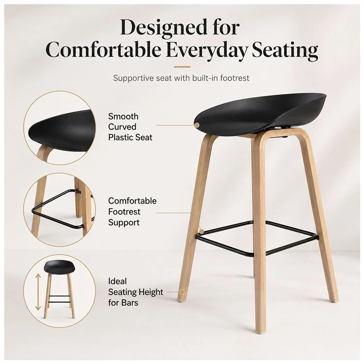 Black and brown bar stool with wooden seat, metal frame, footrest, and rubber feet for floor protection