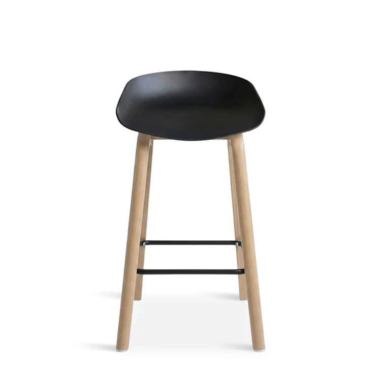 Plastic bar stool with metal legs and wooden accents in black and brown