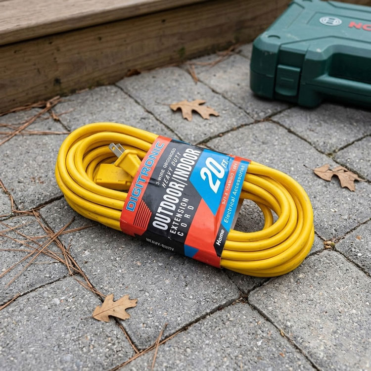 Coiled 20ft indoor outdoor grounded extension cord.