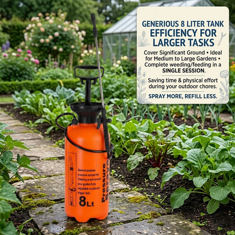 8L orange garden pressure sprayer for larger tasks.