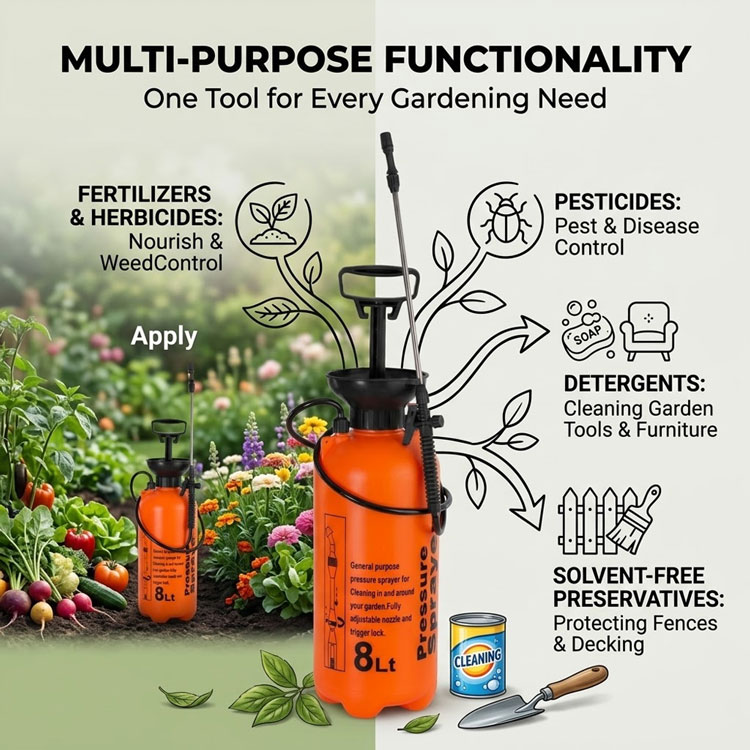 Versatile multi-purpose pressure sprayer for gardening needs.