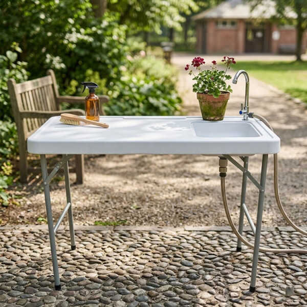 PLASTIC PORTABLE OUTDOOR FOLDING SINK TABLE W/ FAUCET WHITE | NS428824 - Image 