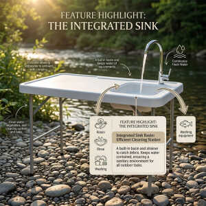 PLASTIC PORTABLE OUTDOOR FOLDING SINK TABLE W/ FAUCET WHITE | NS428824 - Image 