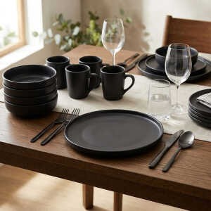 CHEFMAKER PHOENIX CERAMIC DINNERWARE SET BLACK 16PCS (4X MUGS/4 BOWLS/4X BIG PLATES/4X SMALL PLATES) | NS433234 - Image 